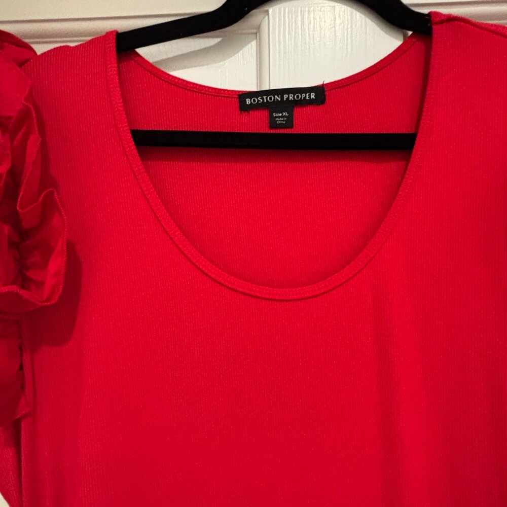 Boston Proper | Ruffle Sleeve | Knit, Ribbed, Ruched, Red Maxi | XL - Picture 5 of 7